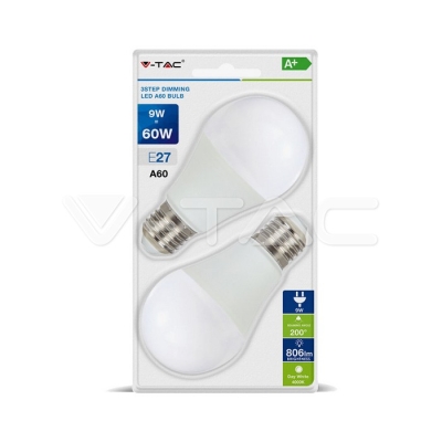LED Крушка 9W А60 Е27 3-Степенно Димиране Бяла Светлина Блистер 2 бр.