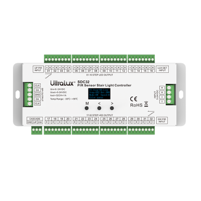 ULTRALUX - Контролер за стълбищно осветление 5-24V DC, 32 стъпала, 1 А/стъпало, 960 пиксела - SDC32