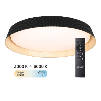 ULTRALUX - LED димираща ССТ плафониера с дистанционно управление, черен/дърво, max.72W, 3000K-6000К, 220-240V AC, кръг, IP20 - SPL1L72RC
