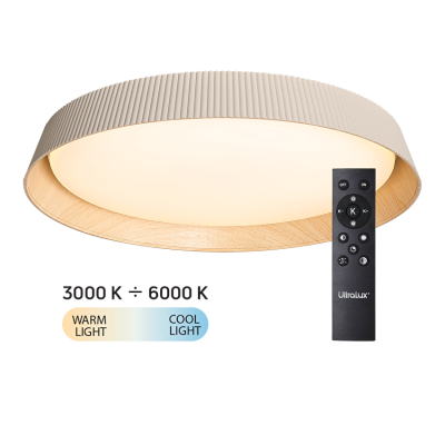 ULTRALUX - LED димираща ССТ плафониера с дистанционно управление бежов/дърво, max.72W, 3000K-6000К, 220-240V AC, кръг, IP20 - SPL2L72RC