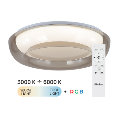 ULTRALUX - LED димираща ССТ+RGB плафониера с дистанционно управление, опушен кварц, 28W+5W, 3000K-6000К, 220-240V AC, кръг, IP20 - SPL5LVDRC