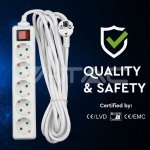 5 Гнезда Разклонител с Ключ Кабел 5м Бял