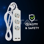 3 Гнезда Разклоните 2USB Кабел 1.5м Бял