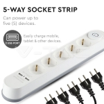 5 Гнезда Разклонител 2 USB 3x1.5-3M Бутон Бял